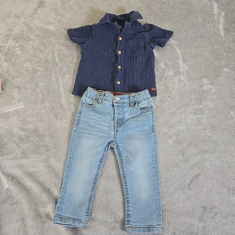 7 For All Mankind Jeans And Shirt Set Boys Jeans 12 M Shirt 24M Casual Stretchy